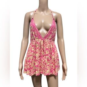 Free People M Floral Mini Dress Deep V-neckline Tiered Flowy Skirt Cotton NWoT